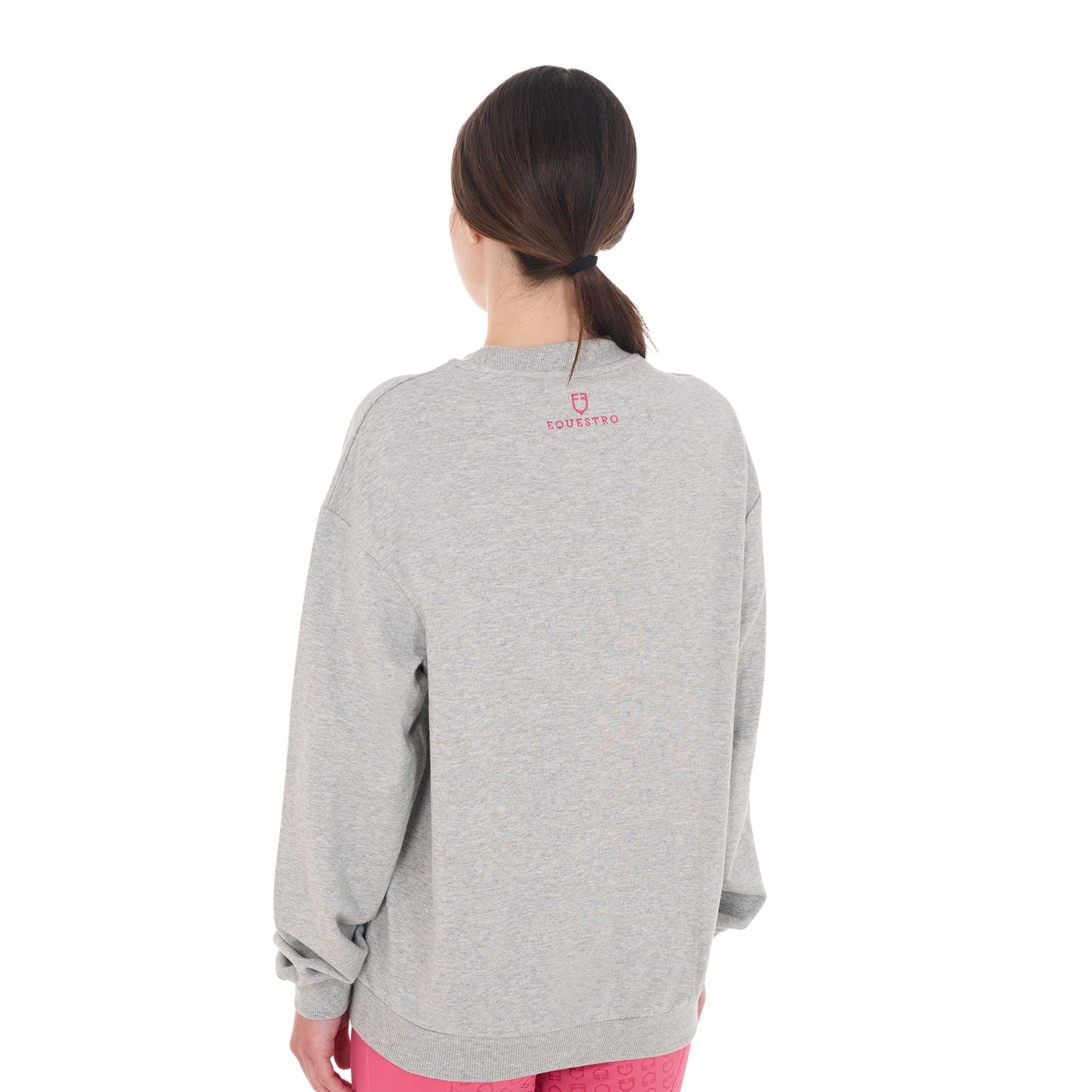 Equestro women's sponge stitch letter sweatshirt - Colore LIGHT GREY MELANGE/HONEYSUCKLE (18-2120)
