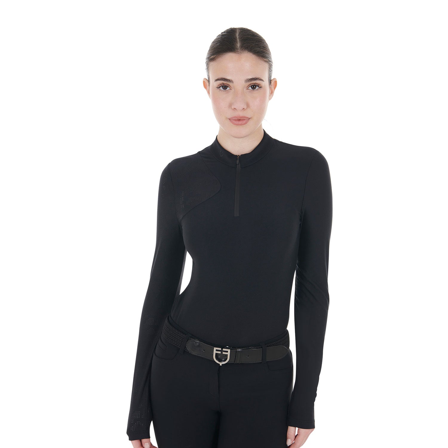 Equestro women's tulled stretch training polo shirt ls zip - Colore BLACK
