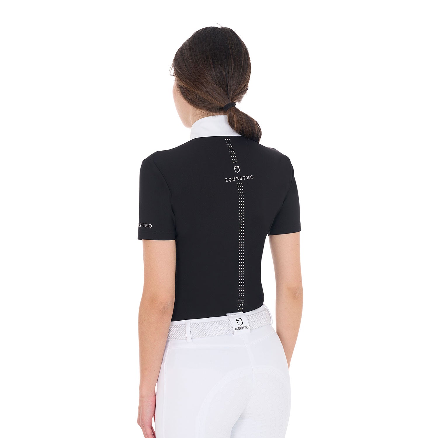 Equestro women's strass ruches polo shirt ss zip - Colore BLACK/ BALLERINA (13-2807)