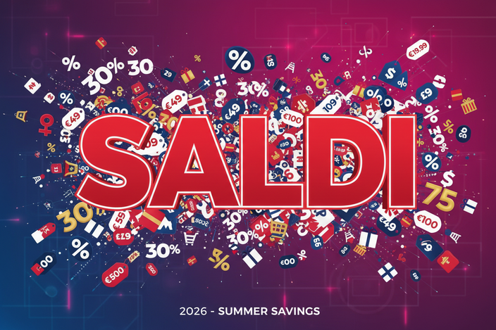 Saldi 2026, scritta SALDI centrale di colore rosso, con intorno tantissimi piccoli prezzi e % 